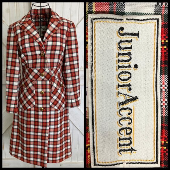 60s Vintage Junior Accent Red White Black Tartan Plaid Mod Jacket Skirt Suit Set - Picture 2 of 15